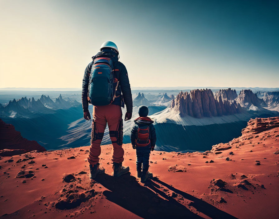 Astronaut and child in space suits on Martian-like terrain with rugged mountains under clear sky