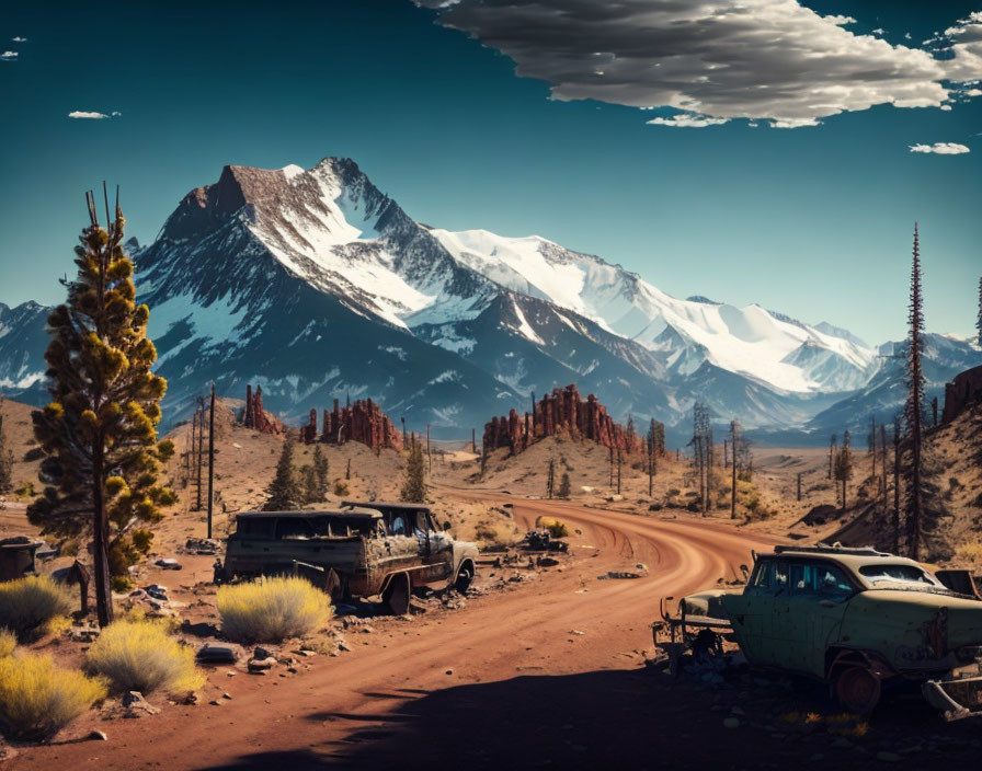 Desert landscape with snowy mountains and abandoned cars on winding road