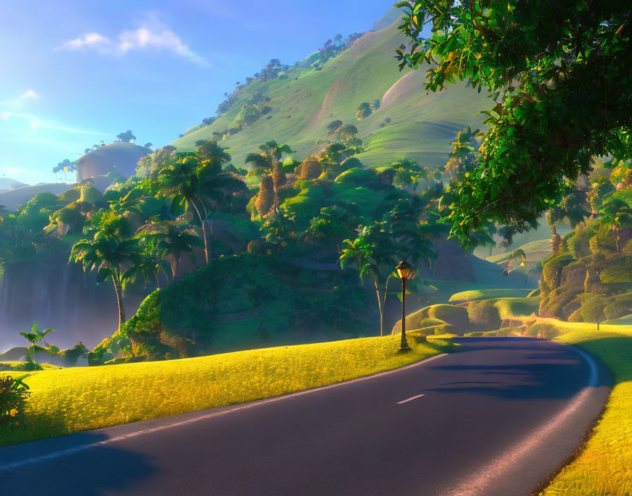 Scenic winding road in sunlit hills with waterfalls and tropical trees