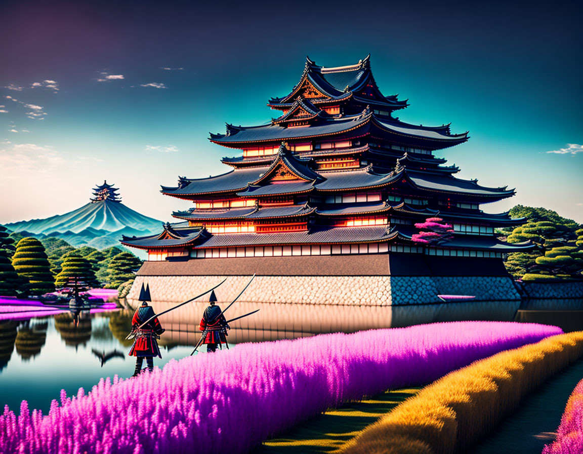 Traditional Japanese castle, samurai figures, Mount Fuji, and vibrant flora by calm lake