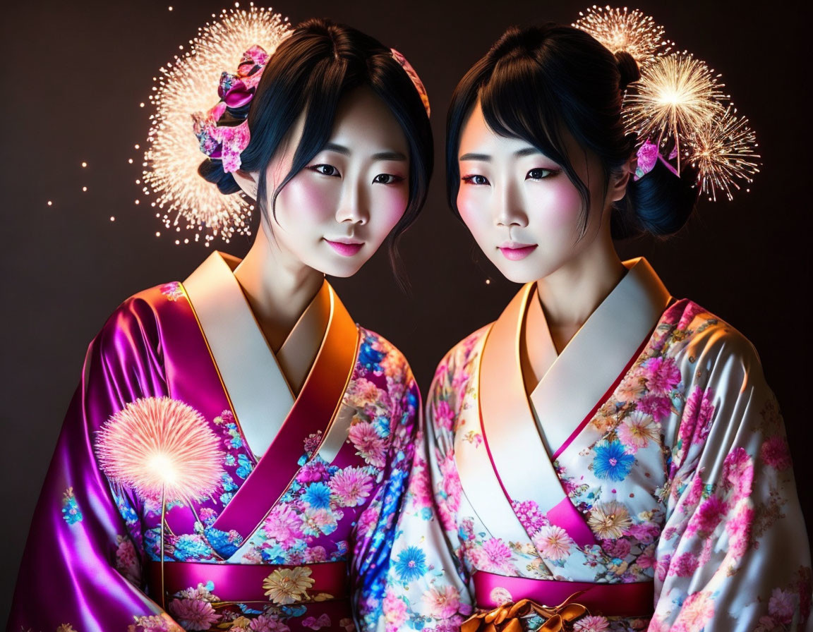 Traditional Japanese Kimono Women with Floral Patterns and Fireworks Display