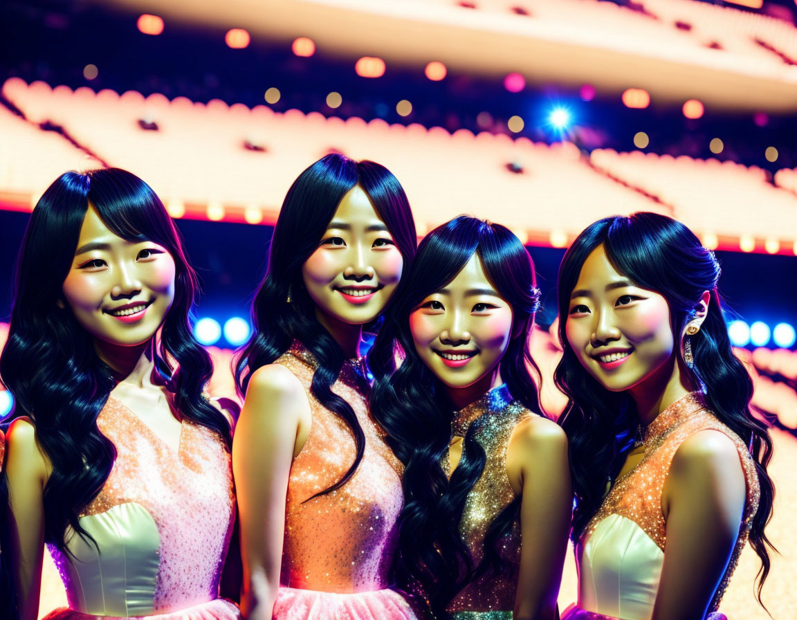 Group of Four Smiling Women in Glittery Dresses on Stage