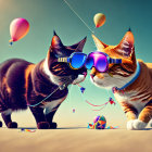 Stylish cats with sunglasses and party hats among balloons in a festive setting