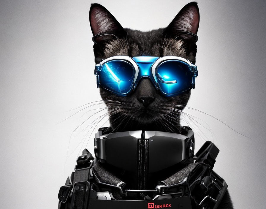 Futuristic black cat in blue goggles and high-tech suit on gray background