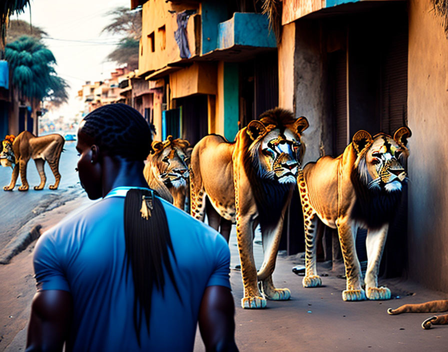 Braided person surrounded by lions in surreal cityscape