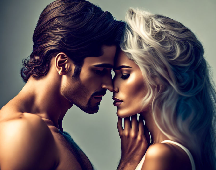 Intimate Stylized Image of Man and Woman Face to Face