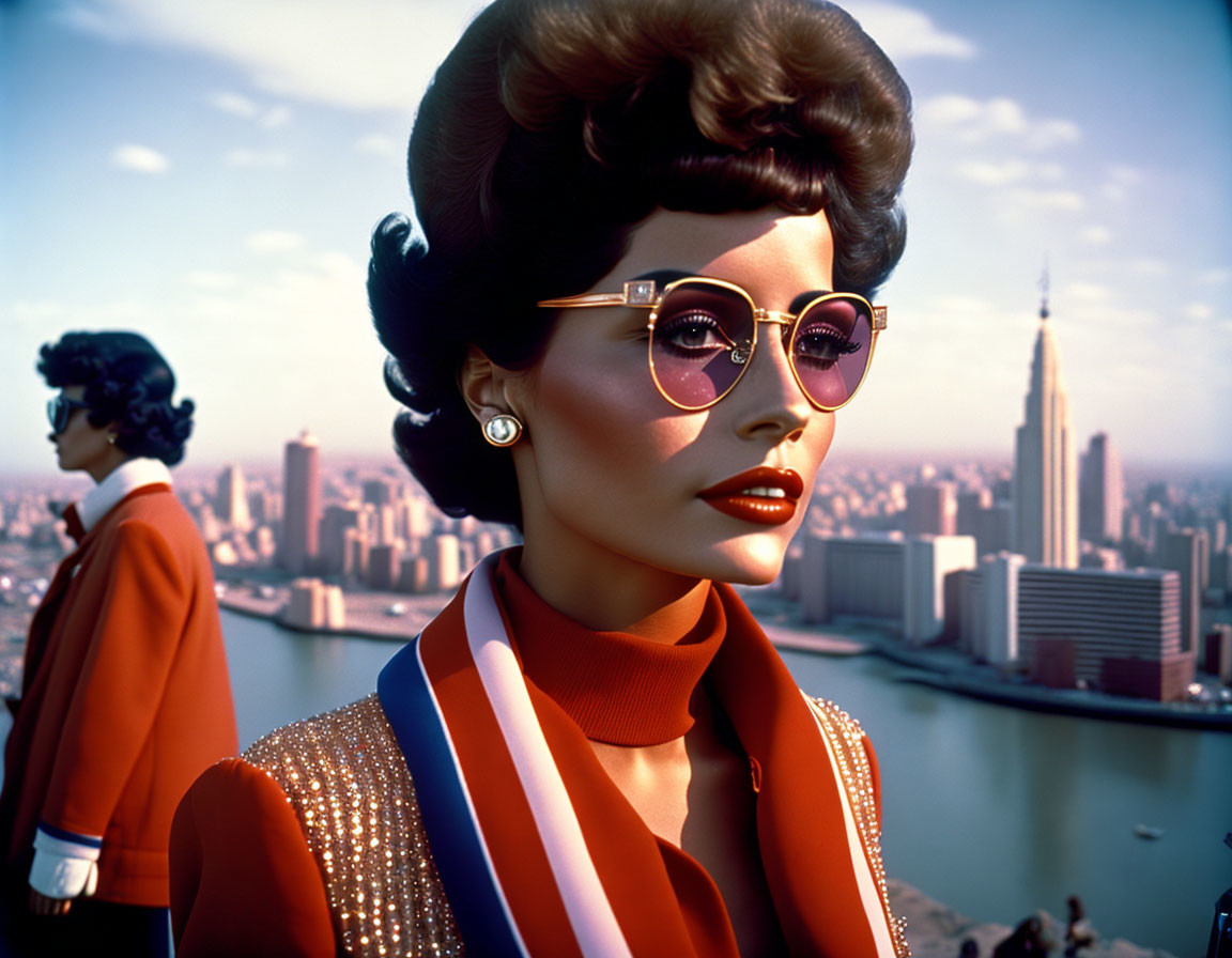 Stylized woman in retro attire with cityscape backdrop