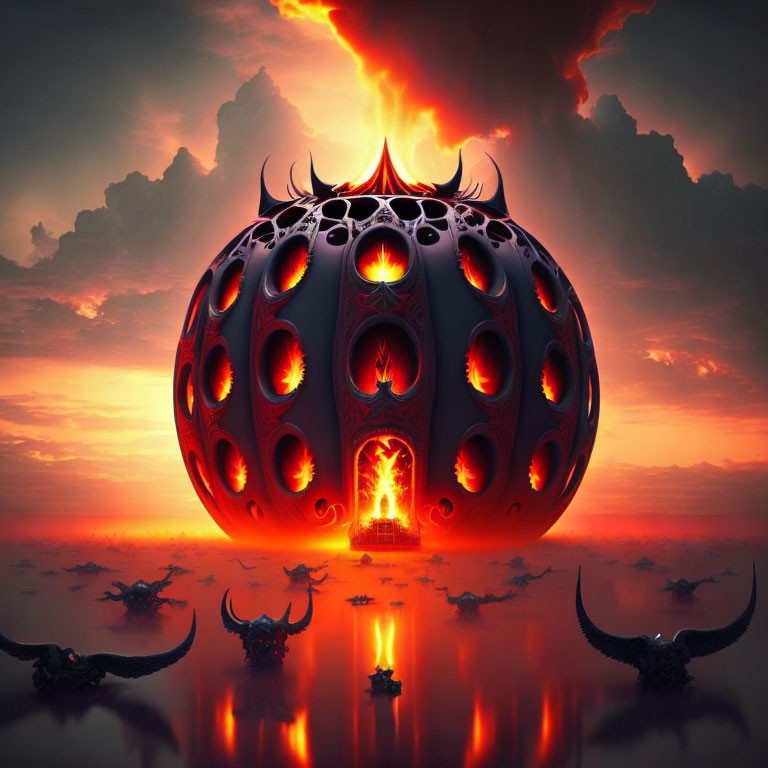 Intricate fiery sphere with dragon sculptures on reflective surface at sunset