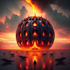 Intricate fiery sphere with dragon sculptures on reflective surface at sunset