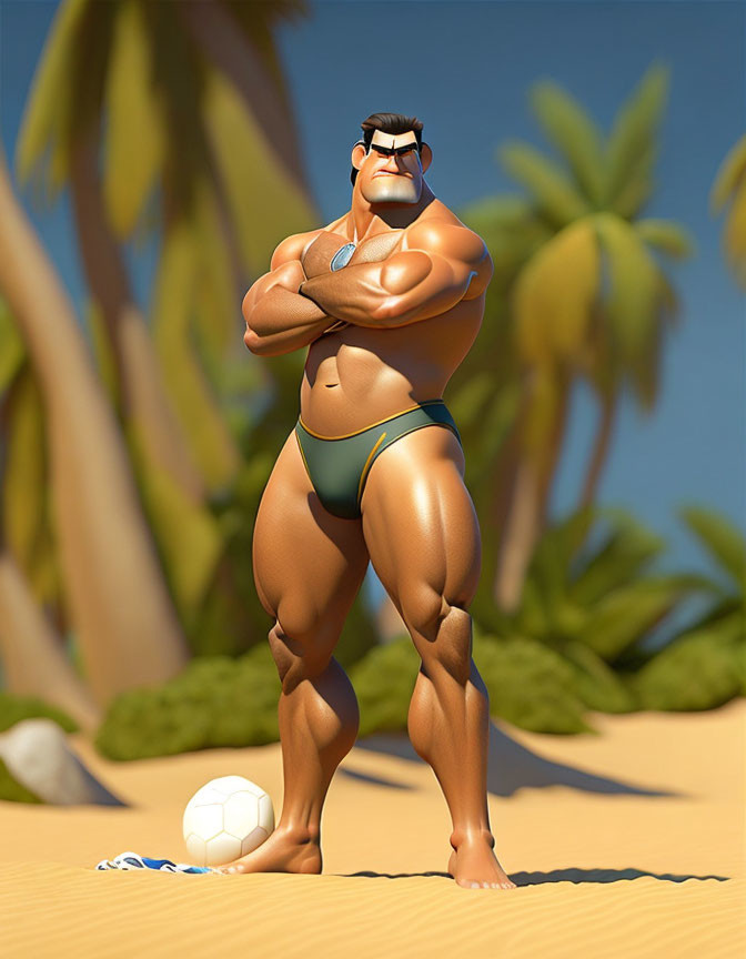 Muscular animated character with mustache in swimsuit on beach with soccer ball