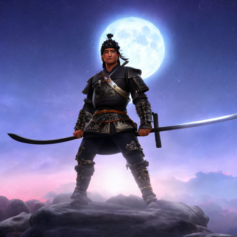 Ancient warrior in armor with sword under moonlit sky