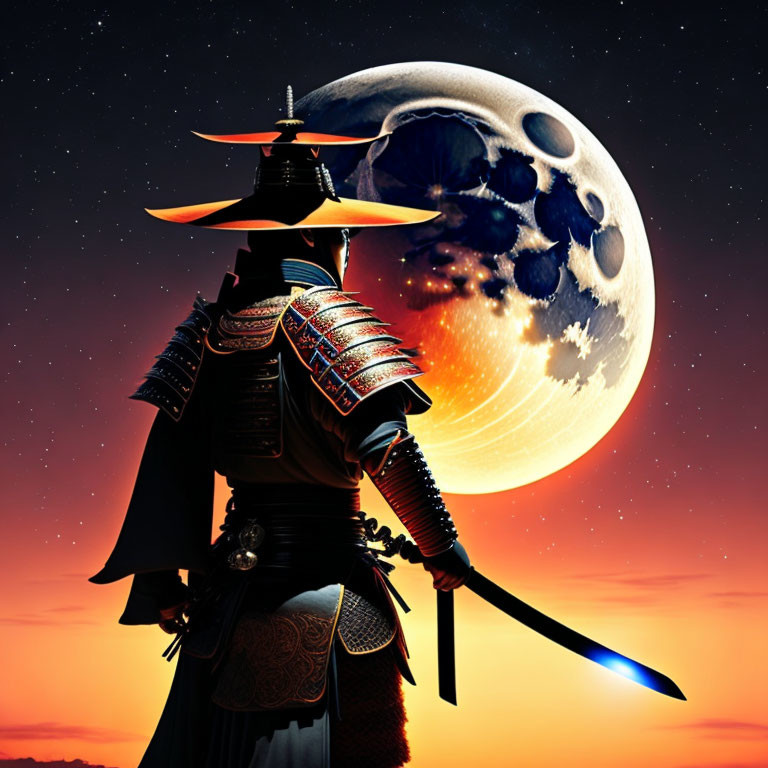 Samurai in traditional armor with sword under moonlit sky