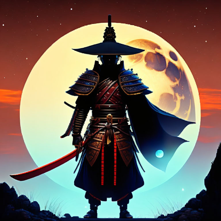 Traditional Samurai Warrior in Armor Under Dusk Sky with Crescent Moon