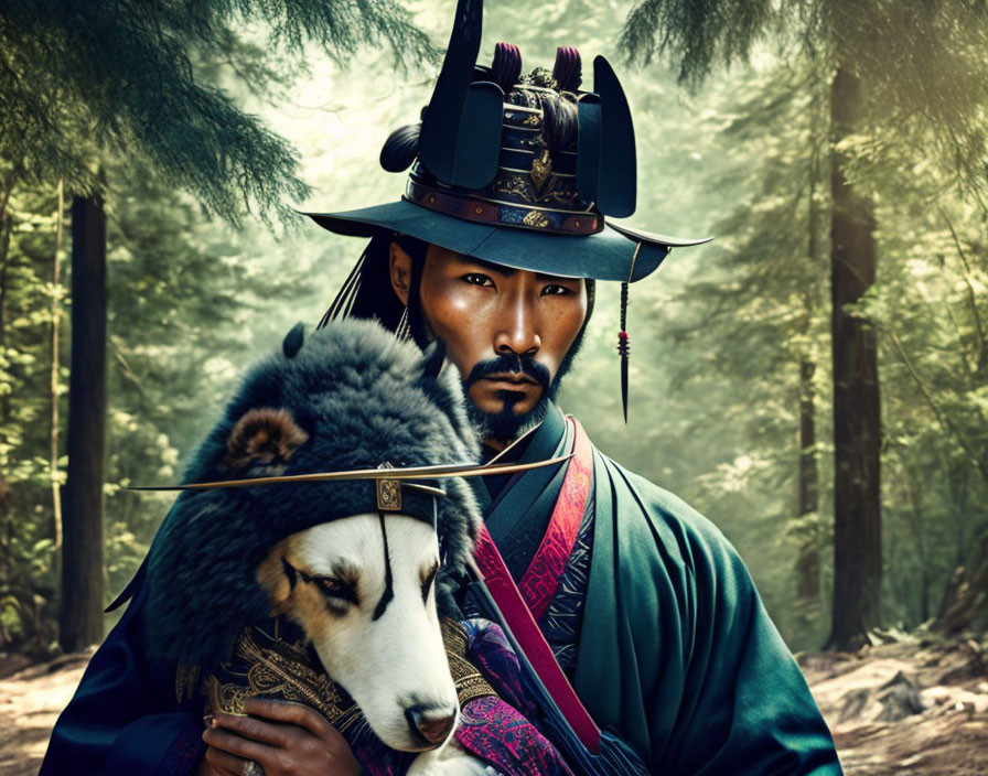 Digital Art: Stoic East Asian Warrior with Bow and Majestic Dog in Forest