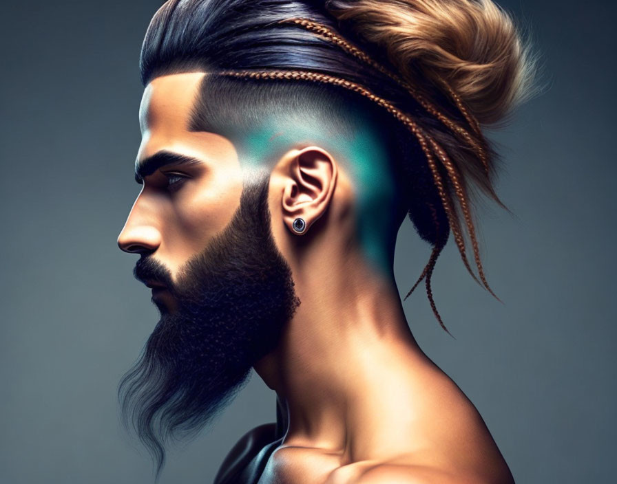 Styled beard, undercut, and ponytail on man against grey background