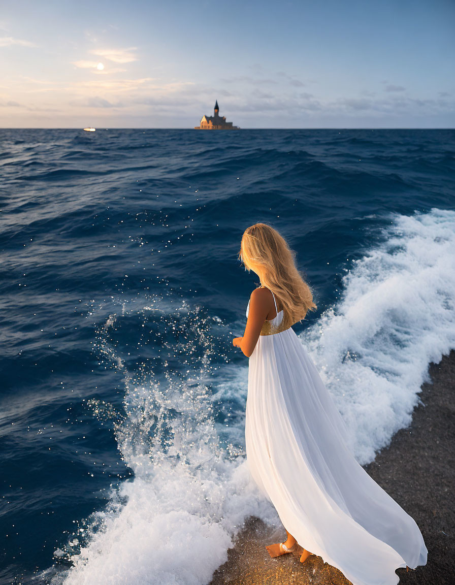 Woman in white dress gazes at distant island by seashore at sunset