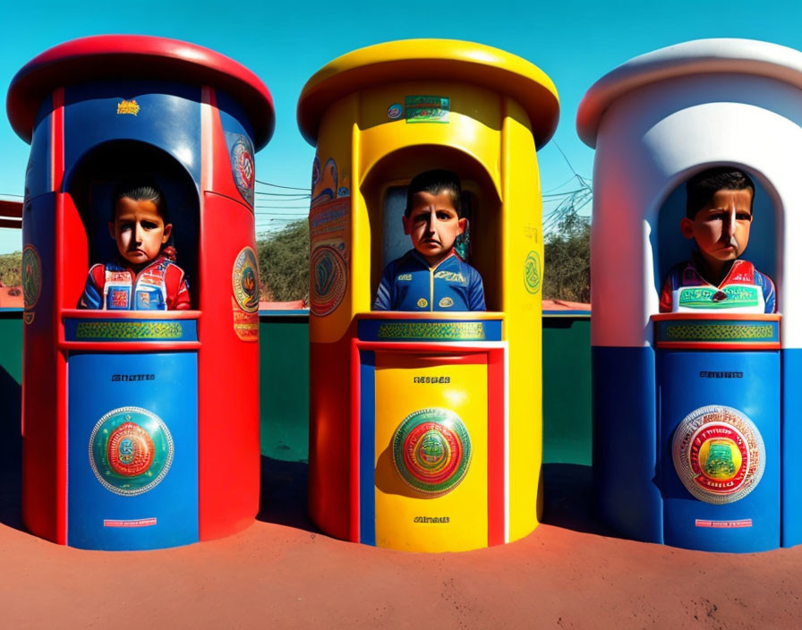 Colorful Waste Bins with Childlike Faces on Blue Sky Background