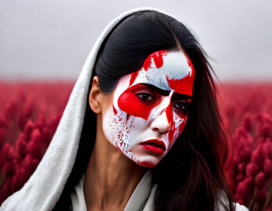 Woman with dramatic red and white face paint against red flowers