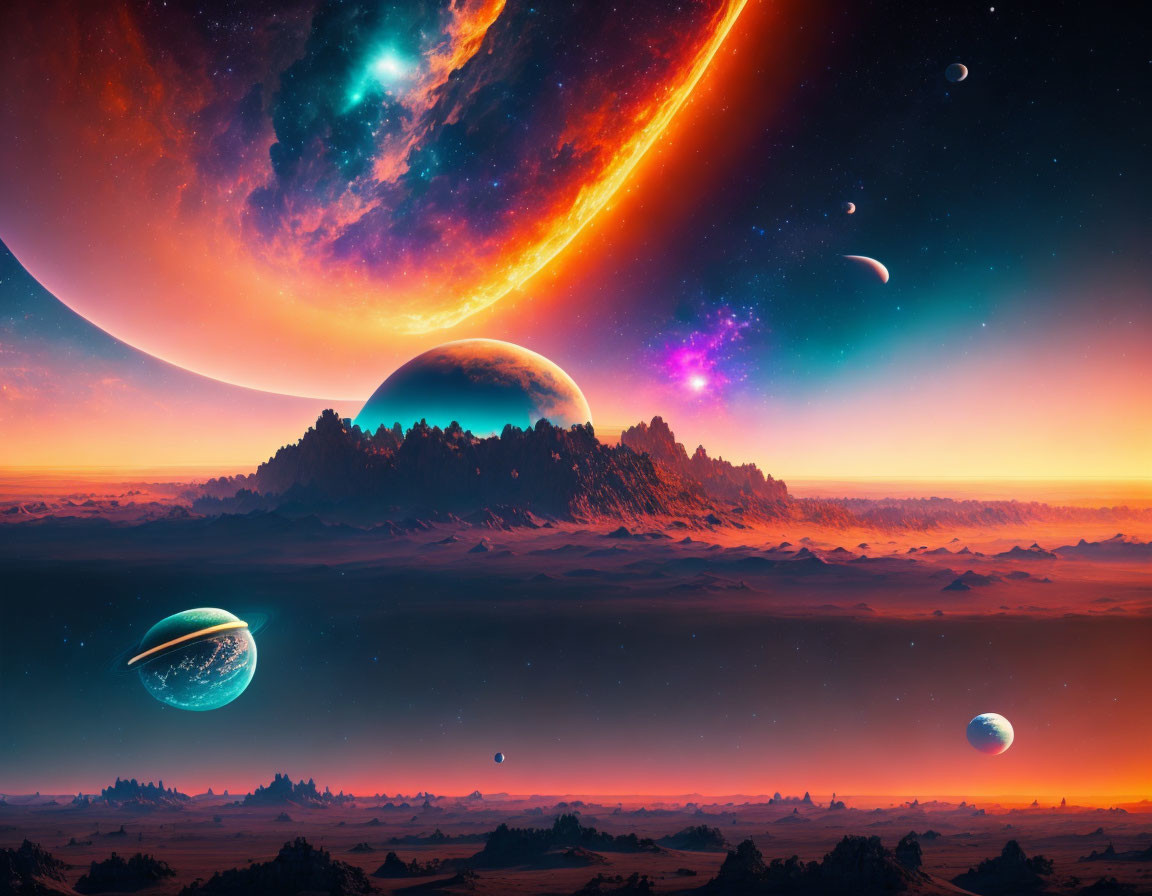 Colorful sci-fi landscape with multiple planets and cosmic phenomena in starry sky