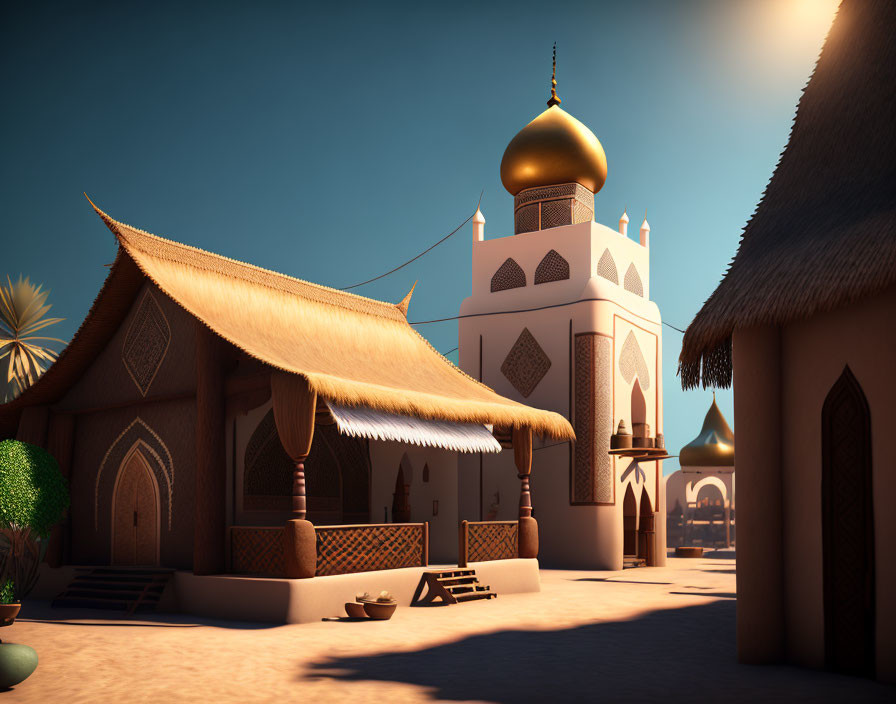 3D-rendered Middle Eastern village at dusk with domes, arches, and warm sunset glow