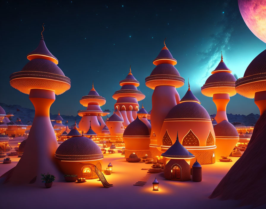 Fantastical desert cityscape at night with domed buildings under starry sky