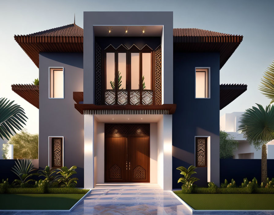 Symmetrical two-story house with dark blue facade and ornate balcony at twilight