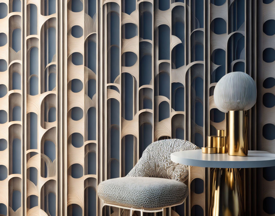 Contemporary interior with textured wall, grey chair, golden side table, and spherical lamp.