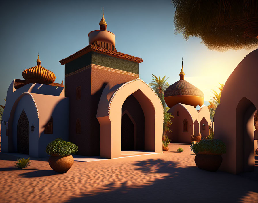 3D-rendered tranquil Middle Eastern village at dusk