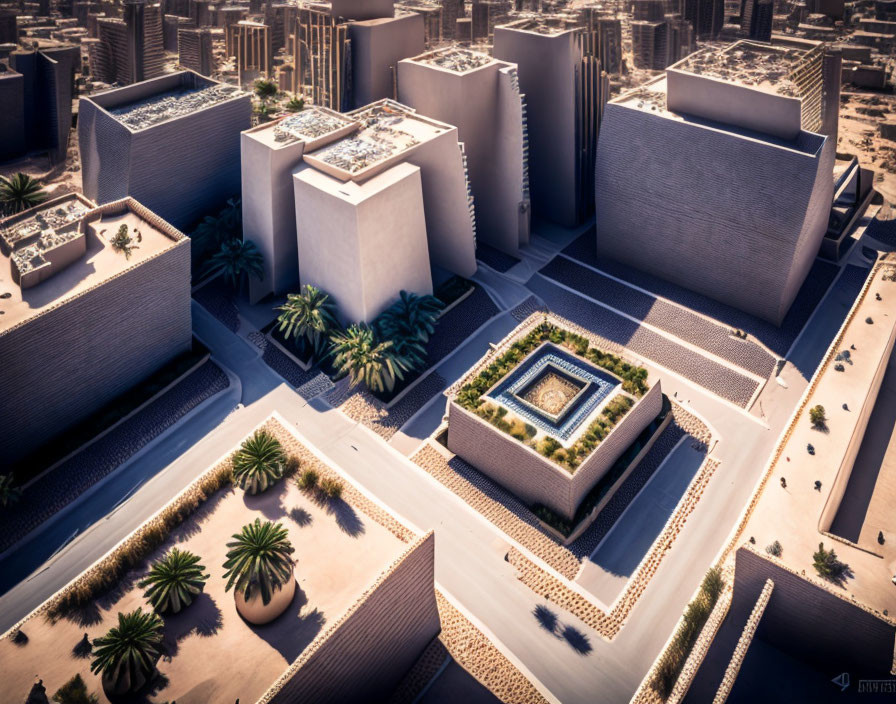 Geometric Buildings and Rooftop Gardens in Modern Cityscape