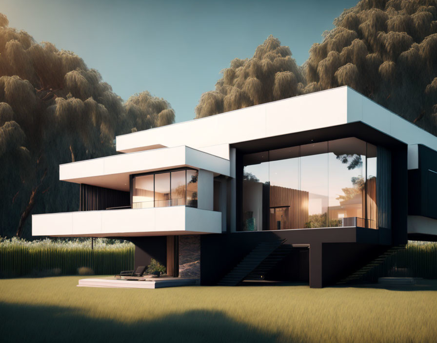 Geometric two-story house with large windows in lush tree setting at sunrise or sunset