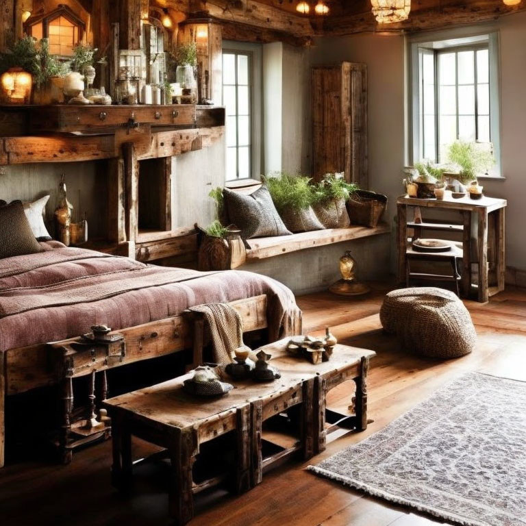 Rustic bedroom with wood furnishings, bed with brown linens, candles, potted plants,