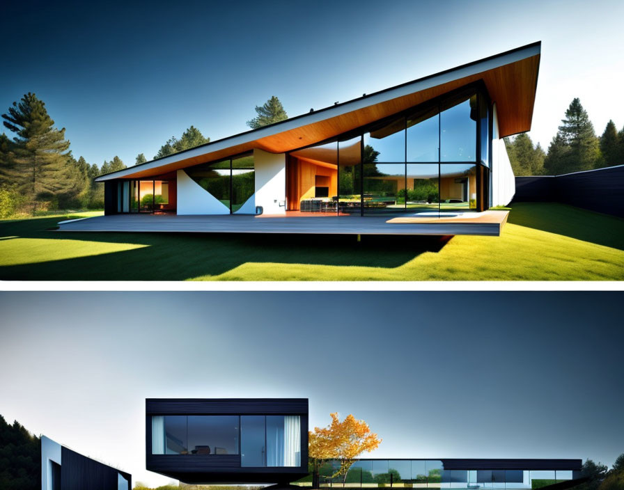 Modern Two-Story House with Large Glass Windows and Flat Roof surrounded by Lush Greenery