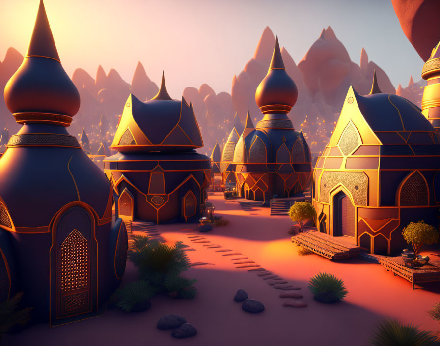 Mystical desert city digital artwork at sunset