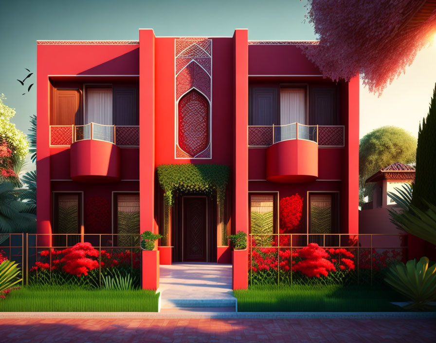 Symmetrical red house with ornate windows and balconies in warm sunlight