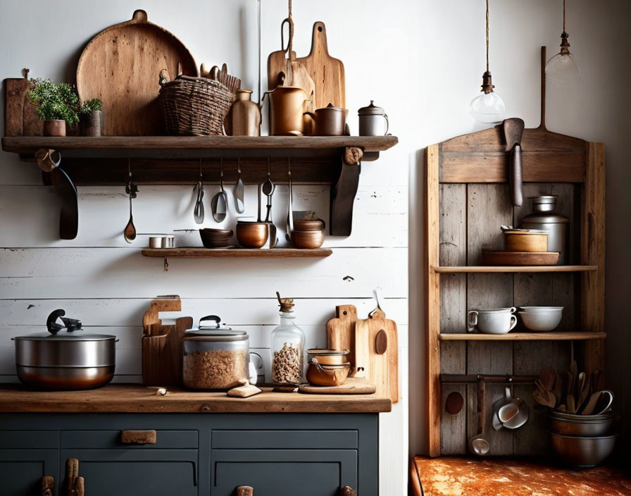 Rustic kitchen with wooden shelves and grey cabinet holding cookware.