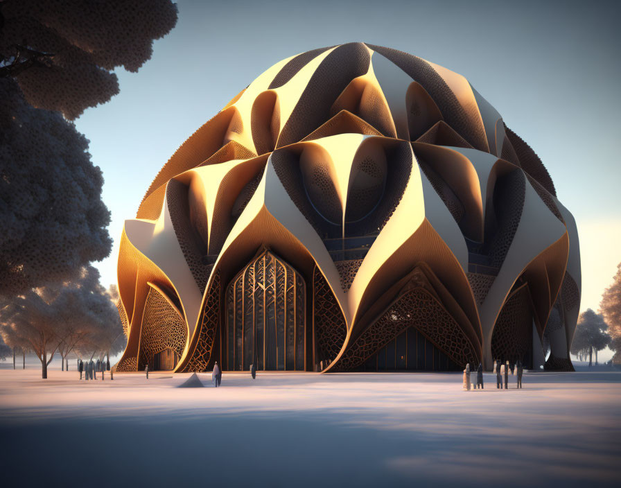 Organic honeycomb-like futuristic building in snowy landscape