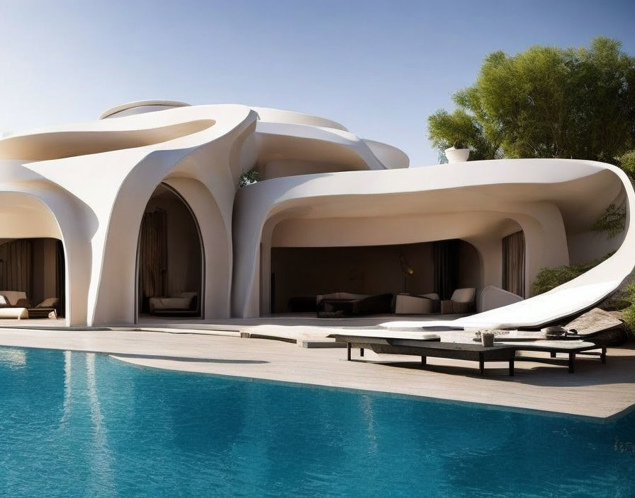 Modern curvilinear house with white walls and pool, embodying futuristic architecture and luxurious outdoor living