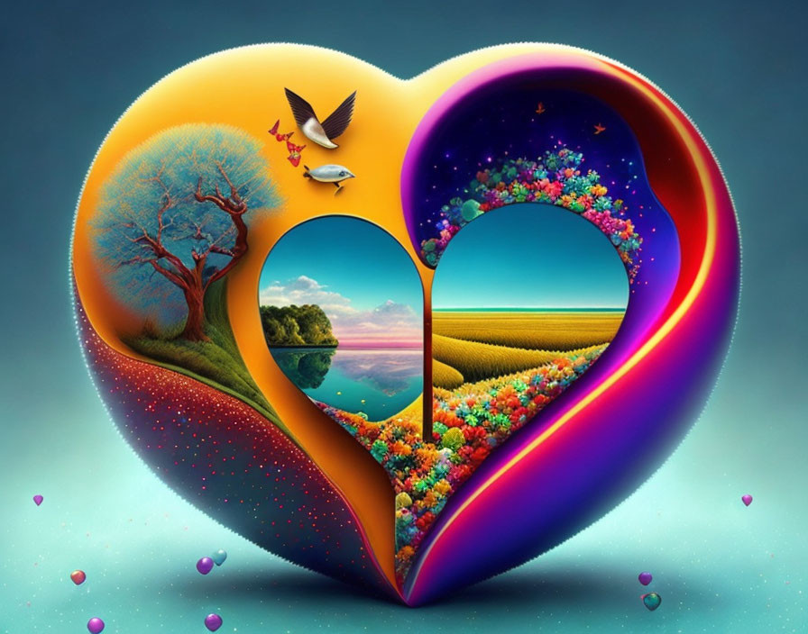 Colorful Heart-Shaped Nature Fantasy Illustration with Trees and Flowers