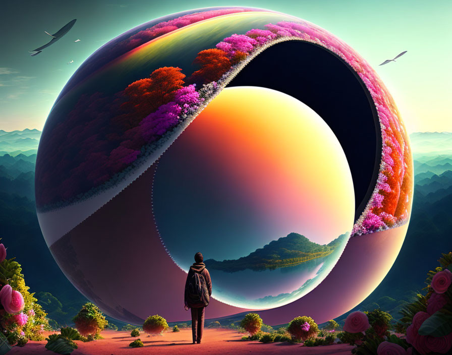 Surreal landscape design with oversized sphere and purple trees