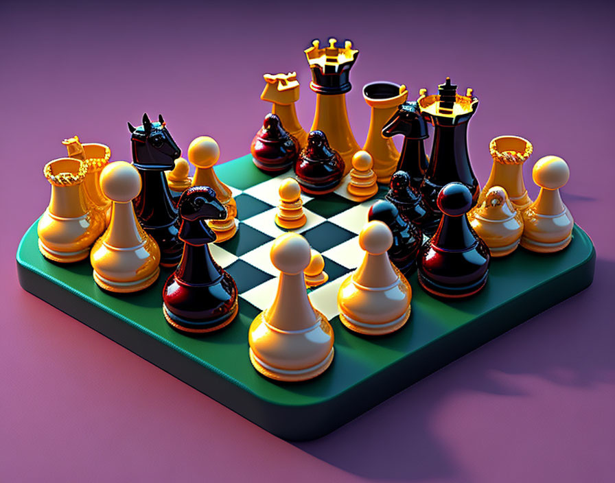 3D-rendered chessboard with glossy pieces on purple background