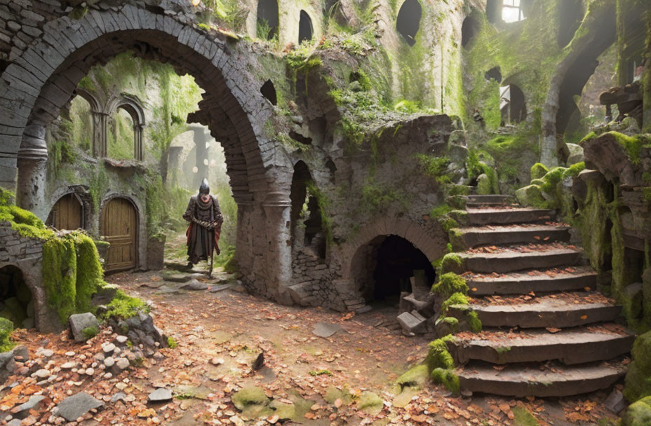 Medieval attired person in abandoned building with arches and stone staircases