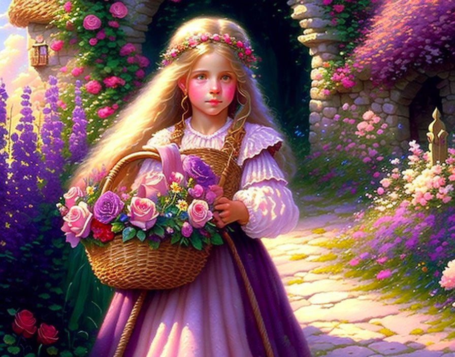 Young girl in purple dress with basket of flowers on flower-lined path to cottage