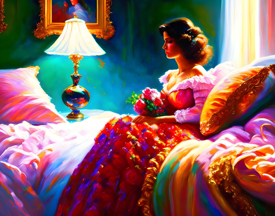 Colorful painting: Woman in ruffled dress with bouquet by window, lamp & mirror.