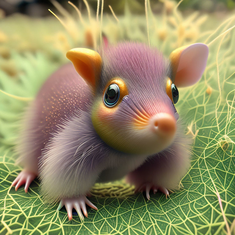 Colorful Fuzzy Creature with Large Eyes on Leafy Surface