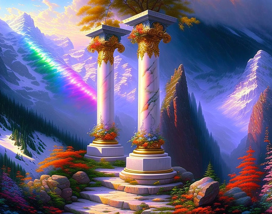 Mystical landscape with ornate columns, vibrant flora, rainbow, and majestic mountains