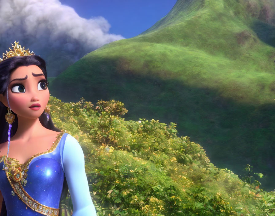 Dark-haired animated princess in blue gown amid lush mountain landscape