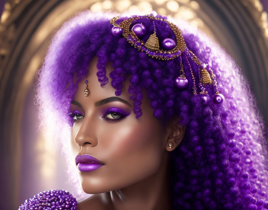 Vibrant purple hair woman against golden arch background