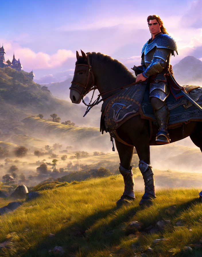 Medieval knight in ornate armor on grassy hill at sunrise