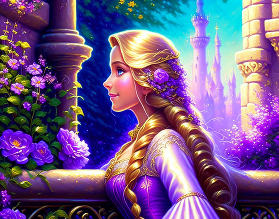 Blonde Princess with Purple Flower Hair in Castle Scene