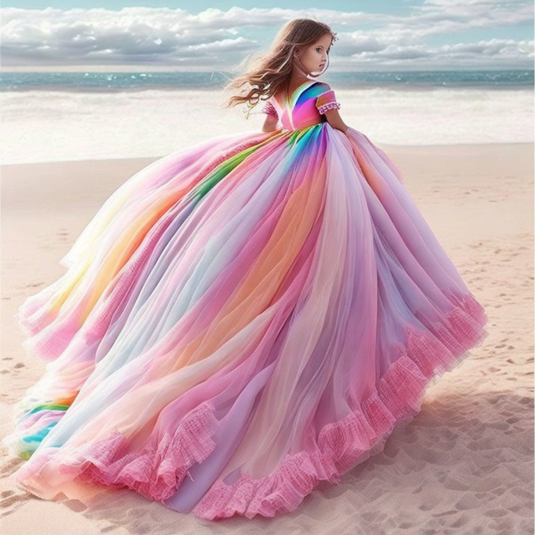 Rainbow-colored gown woman on beach with billowing hair and dress